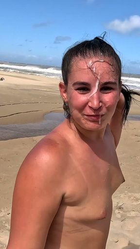 Slut giving blowjob and handjob on beach, cum facial   Clip 1