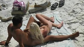 Slim Blonde Gives Beach BJ and Masturbates While Being Watched