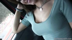 ”Naughty Brunette grab prick & blowjob on car”