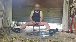 Naked fat boy jerking in garage BIG load