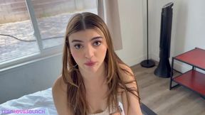 Julia James blows BBC then deepthroats her petite guy's semen