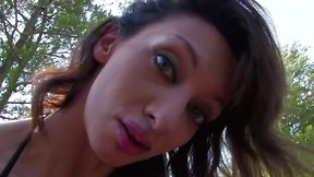 Lesbian bikini-clad women share double sextoy and massive sex toy before fisting