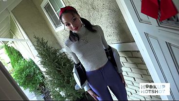 Pornstar Alexis Tae gives a hand job and sucks his cock deep while moaning.