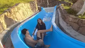 Stepsister gets stuck on the slide, I offer her help in exchange for fucking her