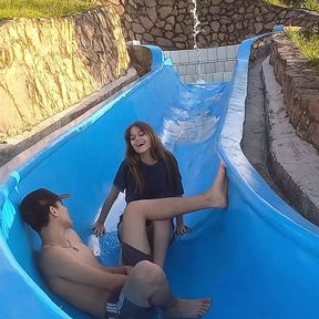 Stepsister gets stuck on the slide, I offer her help in exchange for fucking her