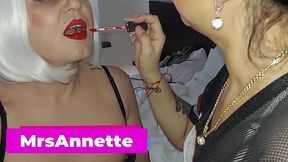 mistress annette destroying anal monster dildo. crossdresser locked in chastity