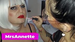 mistress annette destroying anal monster dildo. crossdresser locked in chastity