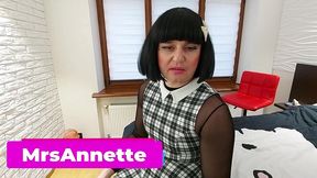 mistress annette destroying anal monster dildo. crossdresser locked in chastity