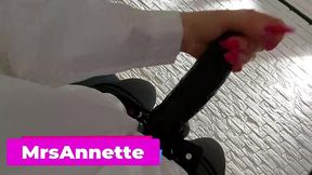 mistress annette destroying anal monster dildo. crossdresser locked in chastity