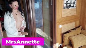 mistress annette destroying anal monster dildo. crossdresser locked in chastity