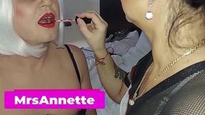 mistress annette destroying anal monster dildo. crossdresser locked in chastity