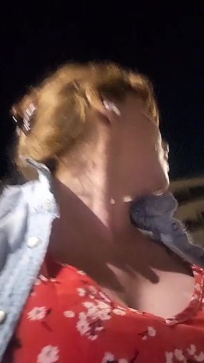 Pluged and Chastity Big Tits TS Outdoor Walk
