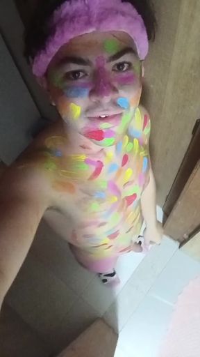 Crossdresser in cute costume plays with socks while cosplay at home