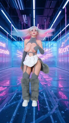 Futuristic Female Character in Grey Furry Costume