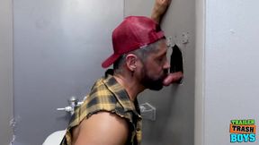 Muscular Lawson James gets big raw cock stuffed deep in public toilet