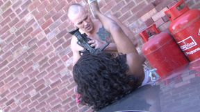 Busty ebony chick fucked in the car and outdoor in POV