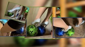 Naomi, wearing tights and heels, stomps on soccer balls, sits on them with her full weight, jumps on them, strikes them hard with her heels, and scratches them—the balls take a heavy beating. Hardcore.