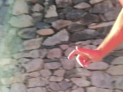 Risky run and walk with small cock out