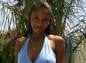 Ebony sweetie with big boobs gets ass fucked on the poolside