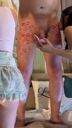 Soft Warm Wet Kisses and Gentle Balls Massage Turns Into CFNM Threesome Greatest Cumshots, Ever in Their Small Hands