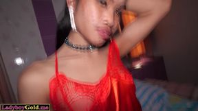 Petite amateur Thai ladyboy teen Nana welcoming her horny big cocked client