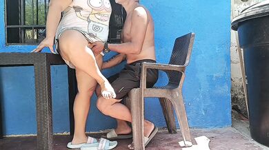 My big-assed neighbor fucks me raw outdoors while her husband watches