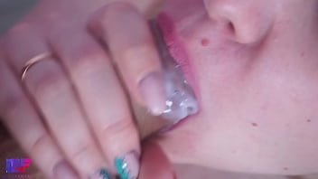 Blowjob close-up. Cum on tongue