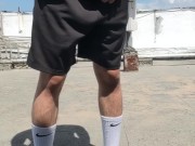 Teen twink masturbate on the public rooftop with NIKE elite socks and Adidas slippers