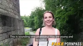 Horny big boobs Sandy Blue rides cock outdoor for money