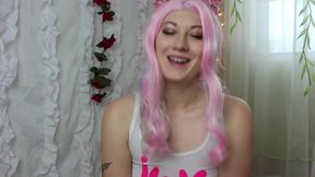 Pink-haired kawaii girlfriend demonstrates Shibari bondage with Pentagram Harness