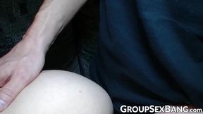 Redhead babe gets gangbanged with big cock and natural tits