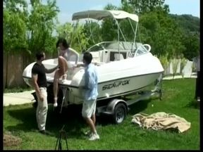 DP outdoor threesome with brunette slut on heels and ending in her mouth