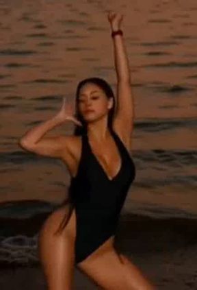 Hot Long Black Hair AI Generated Girl is Dancing in Sexy One Peace Swimsuit
