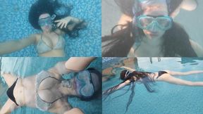 Holding breath underwater in outdoor pool, masturbating with a vibrator and orgasm