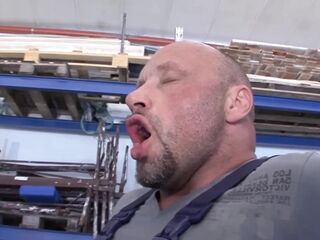 Older Blond Stretched Wide on Lawnmower with Trickling Cum
