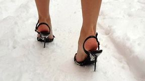 Stilettos in snow, Nando Muzi sandals on snow, high heels sandals on snow, high heels in snow, snow heels