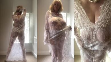 Annabel stripped at home in white lace dress
