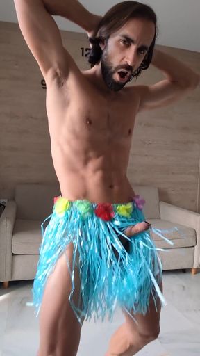 I Dance with Hawaiian Skirt and Tribal Music and I in My Hand