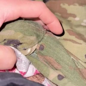 Army soldier shows his musky size 12 feet while jerking his hard cock in uniform