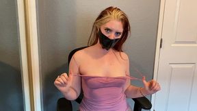 cute redhead dirty talks through her duct tape gag!