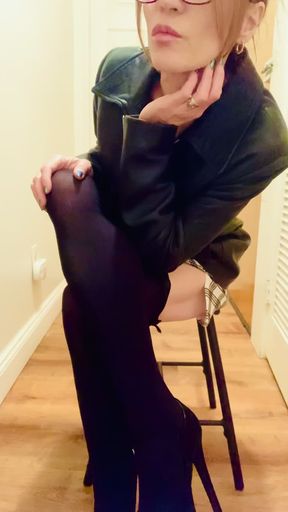 Dommy 50 year old milf cock tease with a perfect body lapdance in lingerie and leather and heels