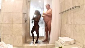 Black stud pounds naughty ebony MILF in doggystyle shower session