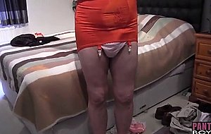 Crossdresser slut masturbates cock and cums in his frilly pink nylon panties