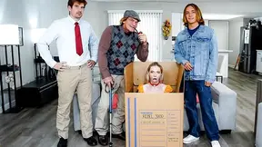 Brand new fuckbot model with huge tits gets gangbanged by multiple dudes testing her slutty features