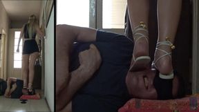 Alice dances over Tom's head wearing flat sandals (fullbody view)