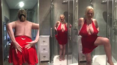 Annabel’s red satin halter neck negligee shower play
