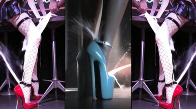Anime in ultra high heels gets her feet sprayed with cum