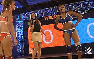 Hot busty fitness babes wrestling at the gym