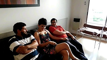 50 PERLA LOPEZ NYMPHOMAN WIFE , the ones from the supermarket come back from the day before and in her desperation to fuck she makes them go into her office again , chapter 50