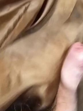 2 cumshots on the shiny lining of a lady puffercoat